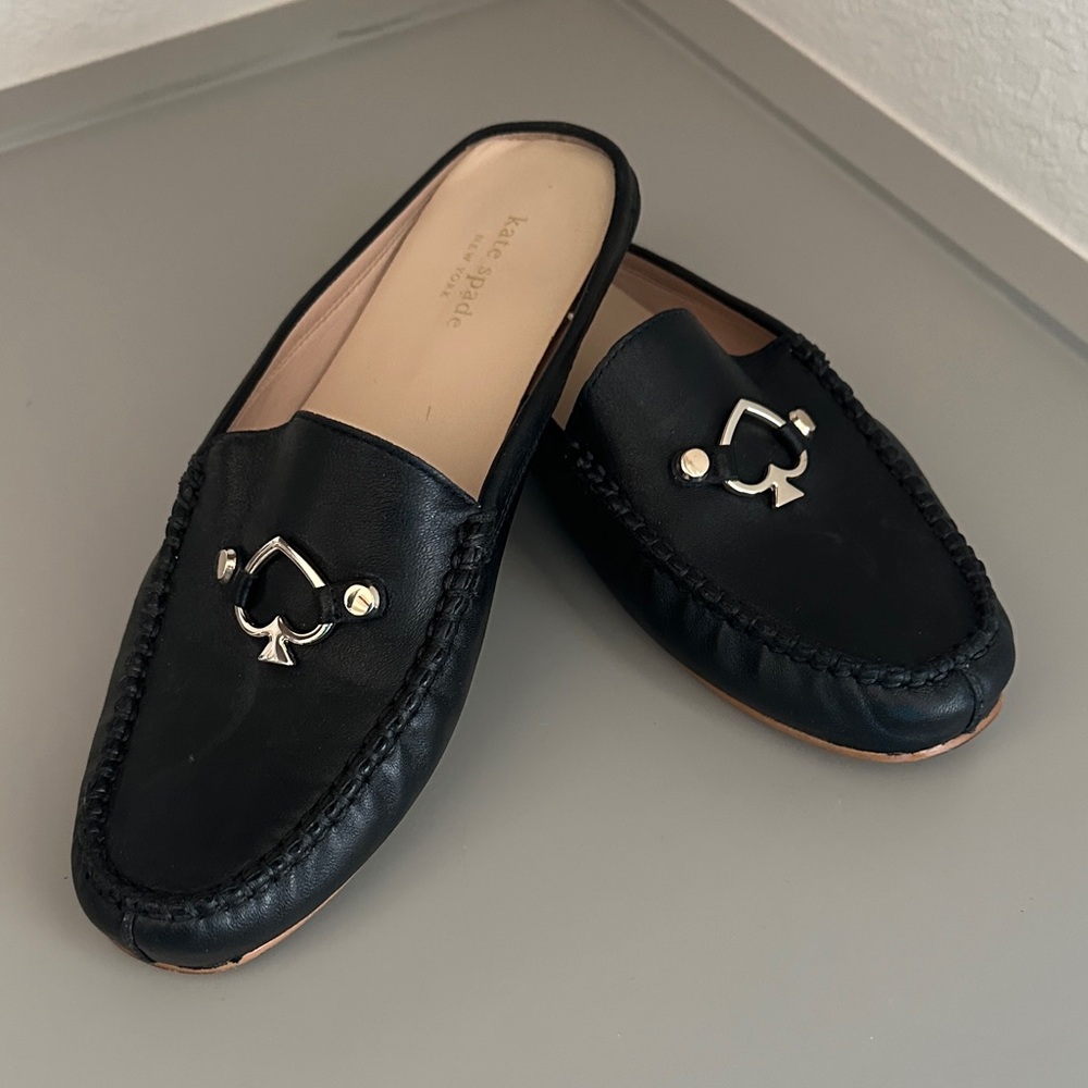 kate spade Black Leather Slip-On Loafers with Silver Logo Hardware